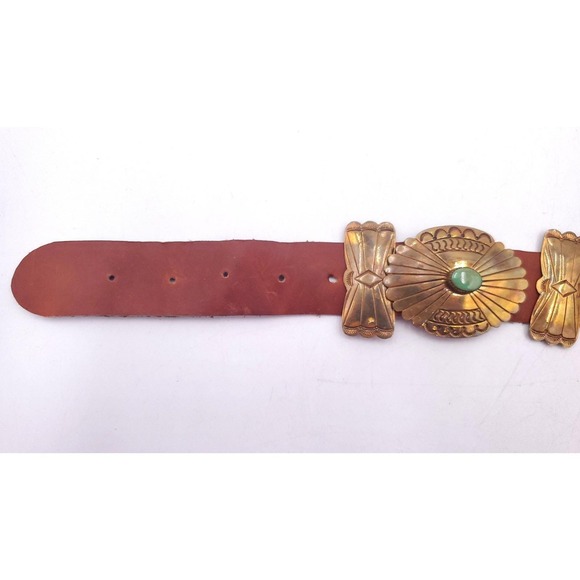 Vintage Handmade Brass Leather Navajo Concho Belt Turquoise Butterfly 32"-37" - Picture 11 of 12